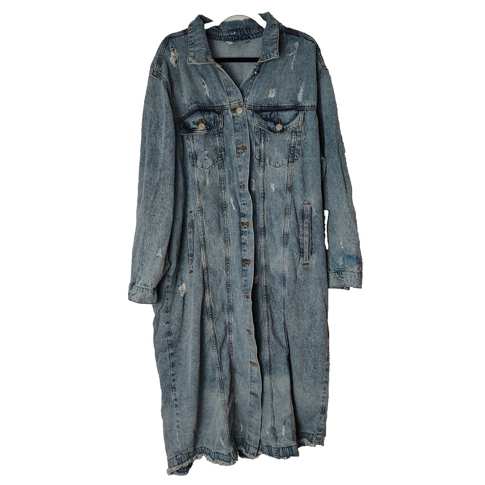 Highway‎ Premium Denim Trench Coat Womens 3X Long Distressed Jean Jacket Pockets